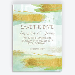Mint Green & Gold Brush Strokes Wedding Save the Date