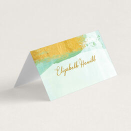 Mint Green & Gold Brush Strokes Folded Wedding Place Cards