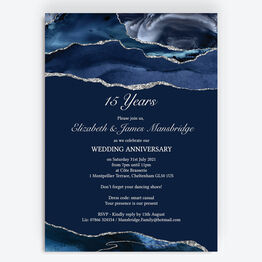 Navy Blue & Silver Watercolour Agate Wedding Anniversary Invitation