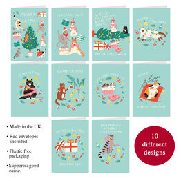 Pack of 10 Illustrated Cats Christmas Cards with Envelopes
