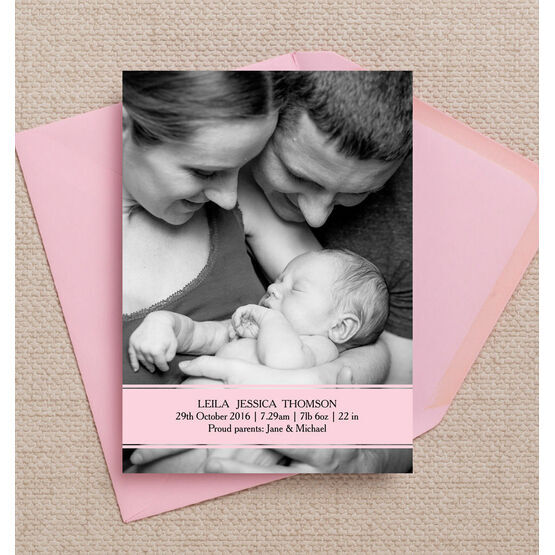 Pink Banner Personalised Birth Announcement Photo Card