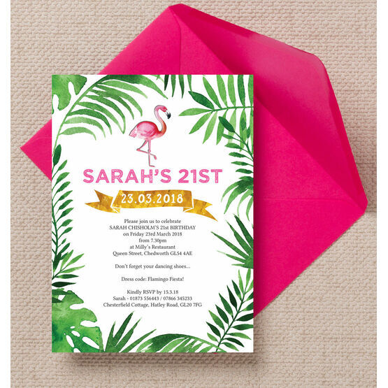 Pink Flamingo Tropical Themed 21st Birthday Party Invitation