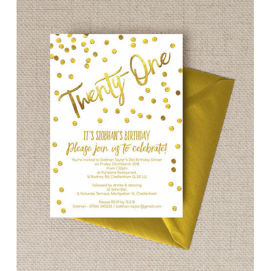 Gold Calligraphy & Confetti 21st Birthday Party Invitation