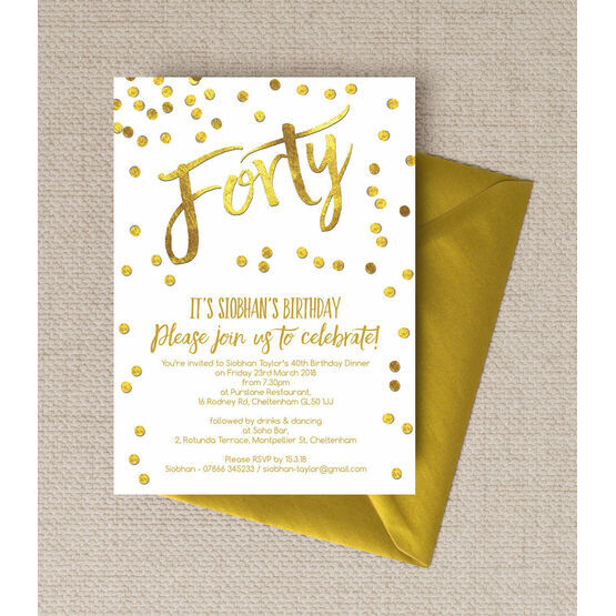 Gold Calligraphy & Confetti 40th Birthday Party Invitation