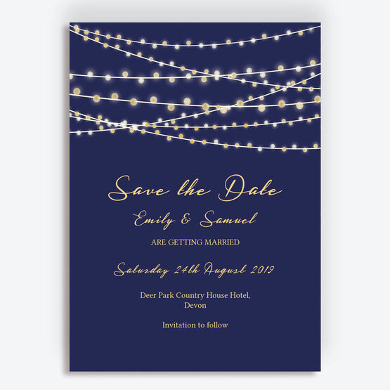 Navy Blue & Gold Fairy Lights Wedding Save the Date