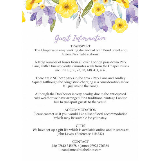Lilac & Lemon Guest Information Card