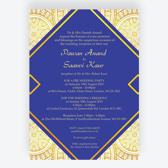 Royal Blue & Gold Indian / Asian Wedding Invitation