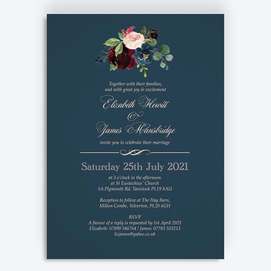 Navy, Burgundy & Blush Floral Wedding Invitation