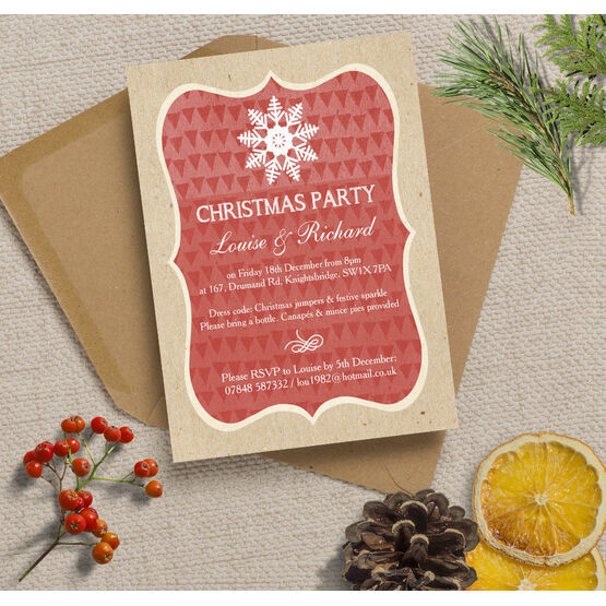 Rustic Red & Kraft Snowflake Personalised Christmas Party Invitations
