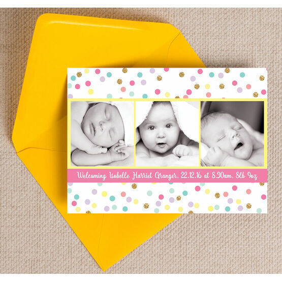 Pastel Confetti Photo Birth Announcement Card