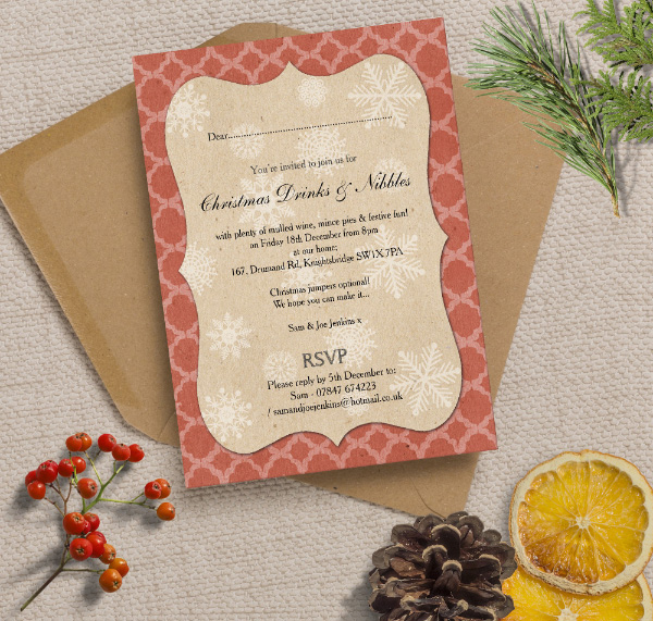 Personalised Christmas Festive Holiday Xmas Party Dinner Event Invitations Invites Printed Printable DIY, Red Vintage Rustic Snowflakes Geometric by Hip Hip Hooray