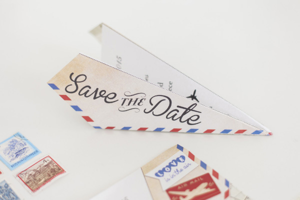 Vintage Airmail Travel Destination Wedding Stationery Save the Date Paper Airplane Aeroplane by HipHipHooray.com