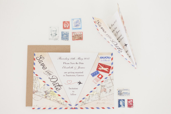 Vintage Airmail Travel Destination Wedding Stationery Save the Date Paper Airplane Aeroplane by HipHipHooray.com