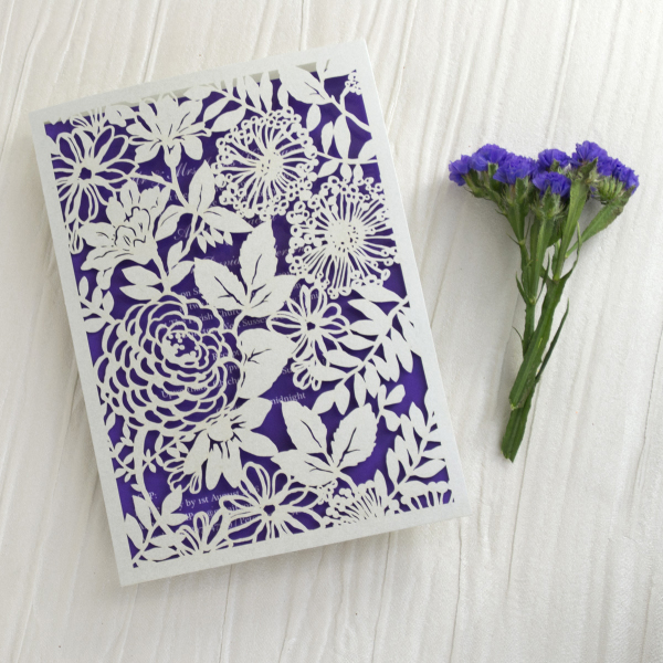 Cadbury Purple Watercolour Florals Personalised Wedding Invitations