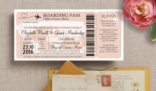 Blush Pink Boarding Pass Travel Destination Wedding Invitations by Hip Hip Hooray from £1