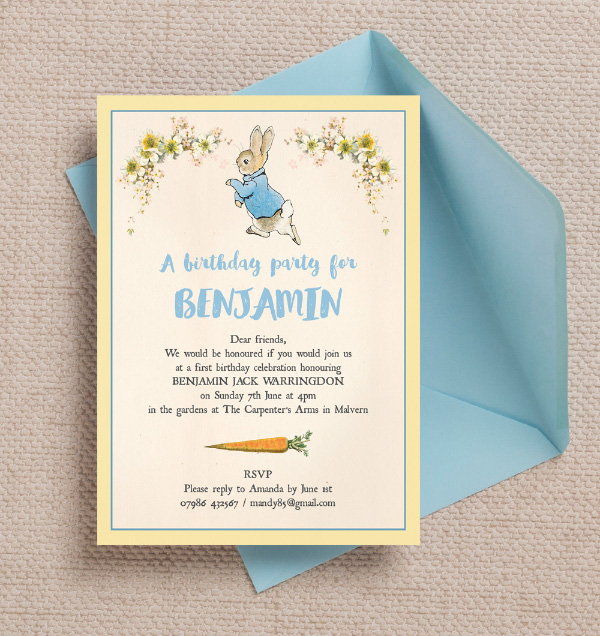 Childrens Kids Blue Pink Spring Beatrix Potter Peter Rabbit Floral Flowers Vintage Themed Party Inviations Invites Personalised Printed Printable Hip Hip Hooray 2