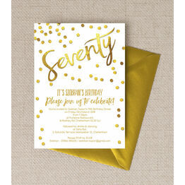 Gold Calligraphy & Confetti 70th Birthday Party Invitation