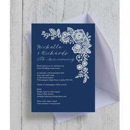 Navy Blue Floral Lace 25th / Silver Wedding Anniversary Invitation