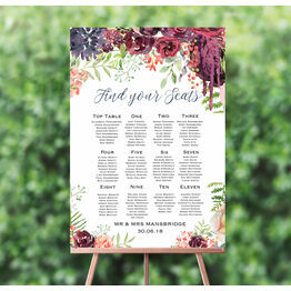 Burgundy Watercolour Floral Wedding Seating Plan