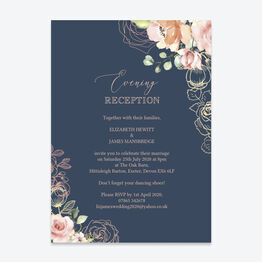 Navy, Blush & Rose Gold Floral Evening Reception Invitation