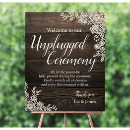 Rustic Wood & Lace 'Unplugged Wedding Ceremony' Sign