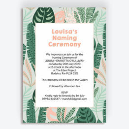 Mint & Peach Tropical Leaves Naming Day Invitation