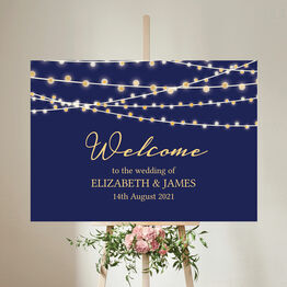 Navy & Gold Fairy Lights Wedding Welcome Sign