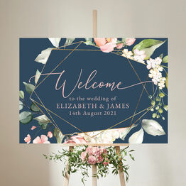 Navy, Blush & Rose Gold Floral Wedding Welcome Sign