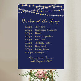 Navy & Gold Fairy Lights Wedding Order of the Day Sign