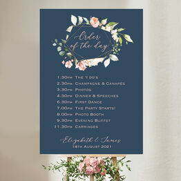 Navy, Blush & Rose Gold Floral Wedding Order of the Day Sign