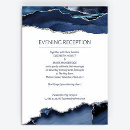Navy Blue & Silver Watercolour Agate Evening Reception Invitation