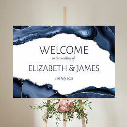 Navy Blue & Silver Watercolour Agate Wedding Welcome Sign