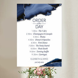 Navy Blue & Silver Watercolour Agate Wedding Order of the Day Sign