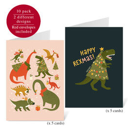 Pack of 10 Illustrated Dinosaur Christmas Cards with Envelopes
