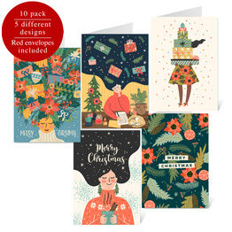 Pack of 10 Illustrated Women Winter Christmas Cards with Envelopes