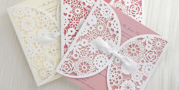 Personalised Lace Wedding Invitations Invites Laser Cut from UK Coral Ivory Peach Blush Pink