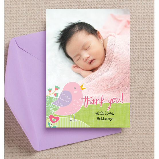 Baby Bird Personalised Thank You Photo Card - Pink