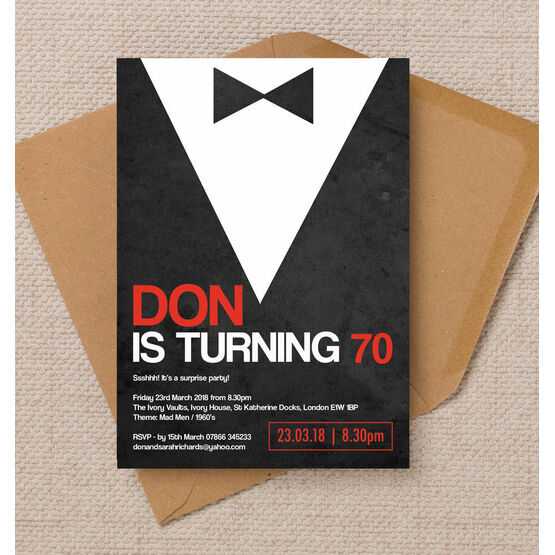 Black Tie Themed 70th Birthday Party Invitation