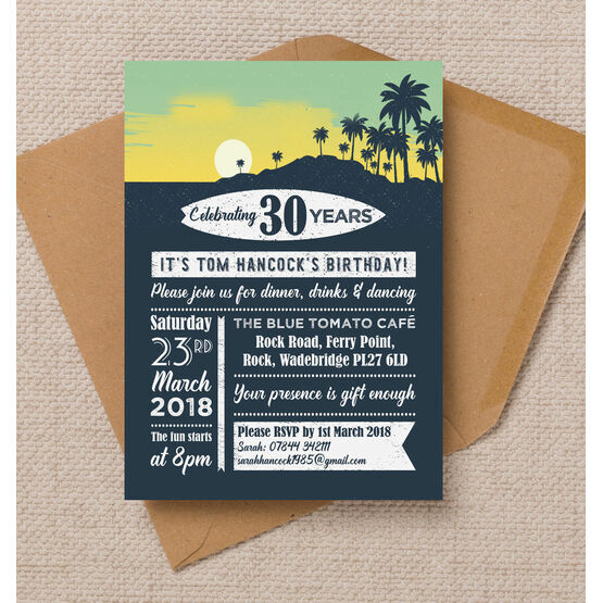 Surf / Hawaiian Themed 30th Birthday Party Invitation