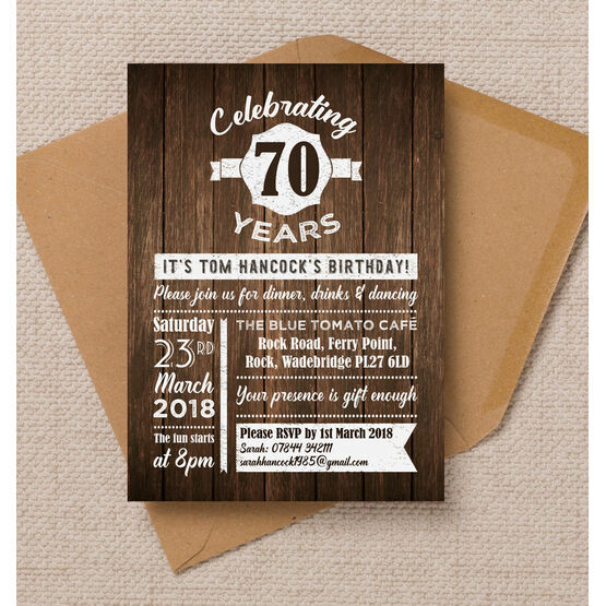 Rustic Wooden Background 70th Birthday Party Invitation