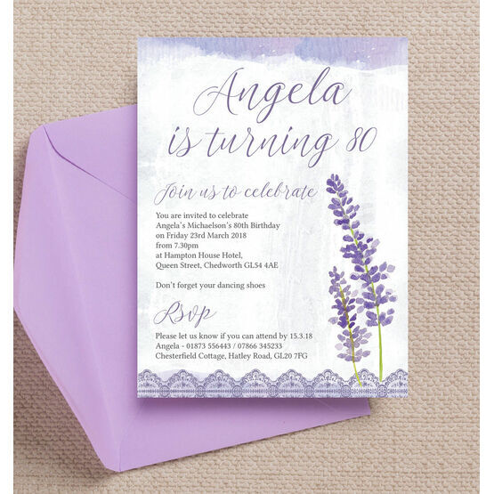 Lilac & Lavender Themed 80th Birthday Party Invitation
