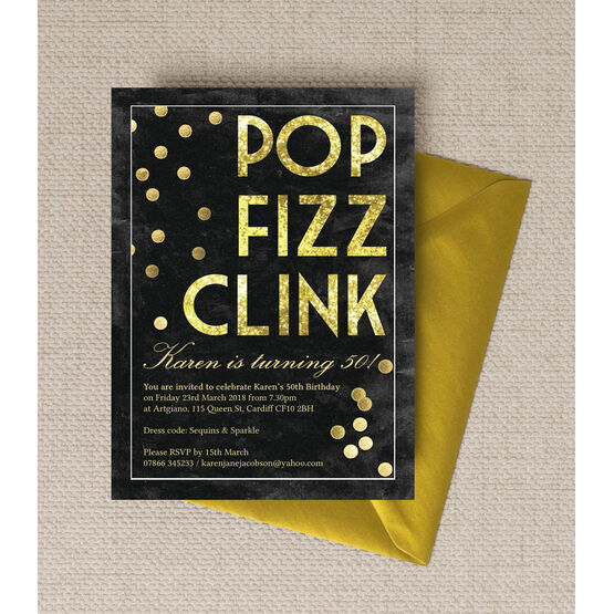 Pop Clink Fizz' Champagne Prosecco Themed 50th Birthday Party Invitation