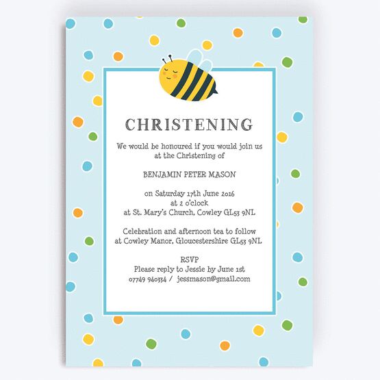 Bumble Bees Christening / Baptism Invitation - Blue