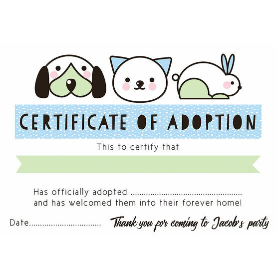 Pet Rescue Party Pretend 'Adoption Certificate' - Blue