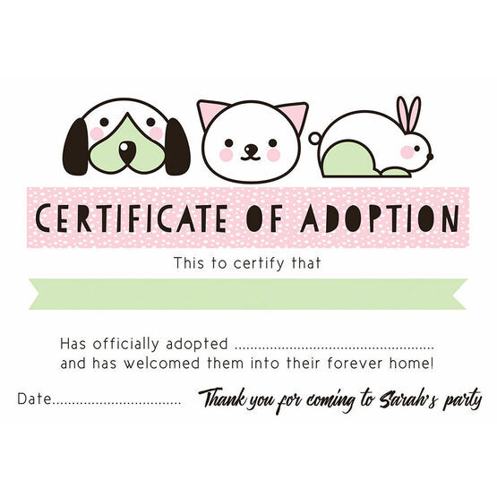 Pet Rescue Party Pretend 'Adoption Certificate' - Pink