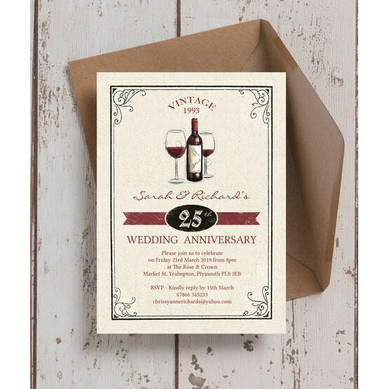 Vintage Wine Themed 25th / Silver Wedding Anniversary Invitation