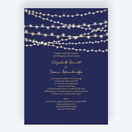Navy Blue & Gold Fairy Lights Wedding Invitation