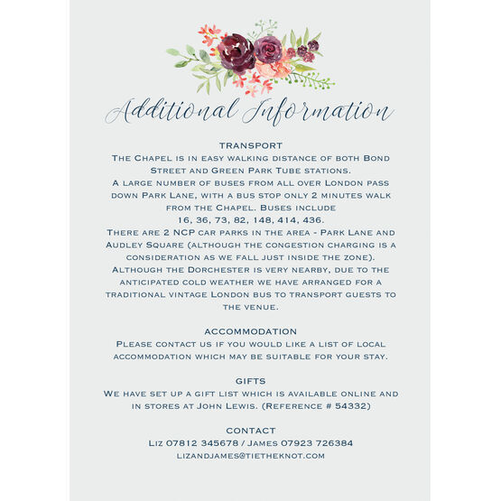 Burgundy Watercolour Floral Guest Information Card