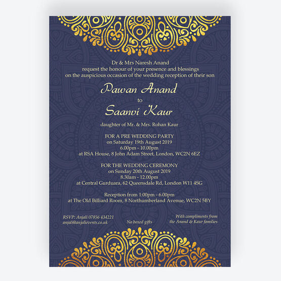 Navy Blue & Gold Indian / Asian Wedding Invitation