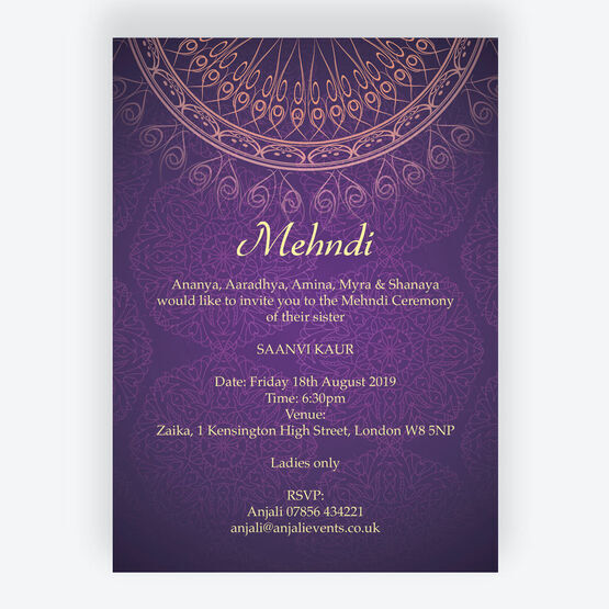 Purple & Gold Mehndi / Baraat Card